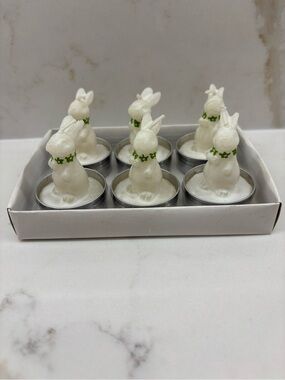 New Abbott White Bunny Tea Light Candles with Green Flower Collars - Set of 6